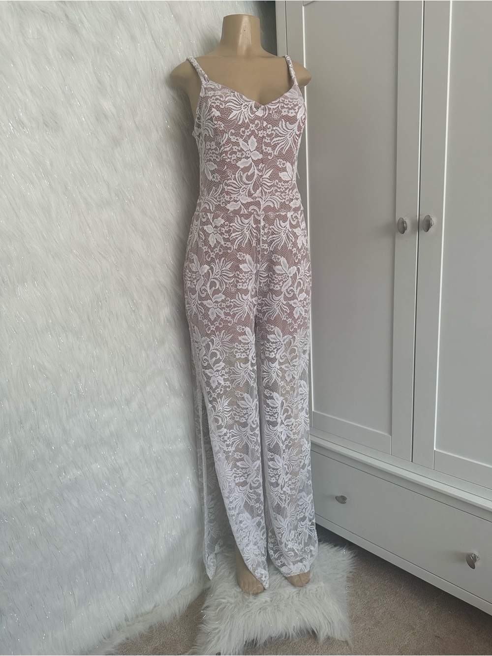 Guess Blush and White Lace Wide-Leg Jumpsuit